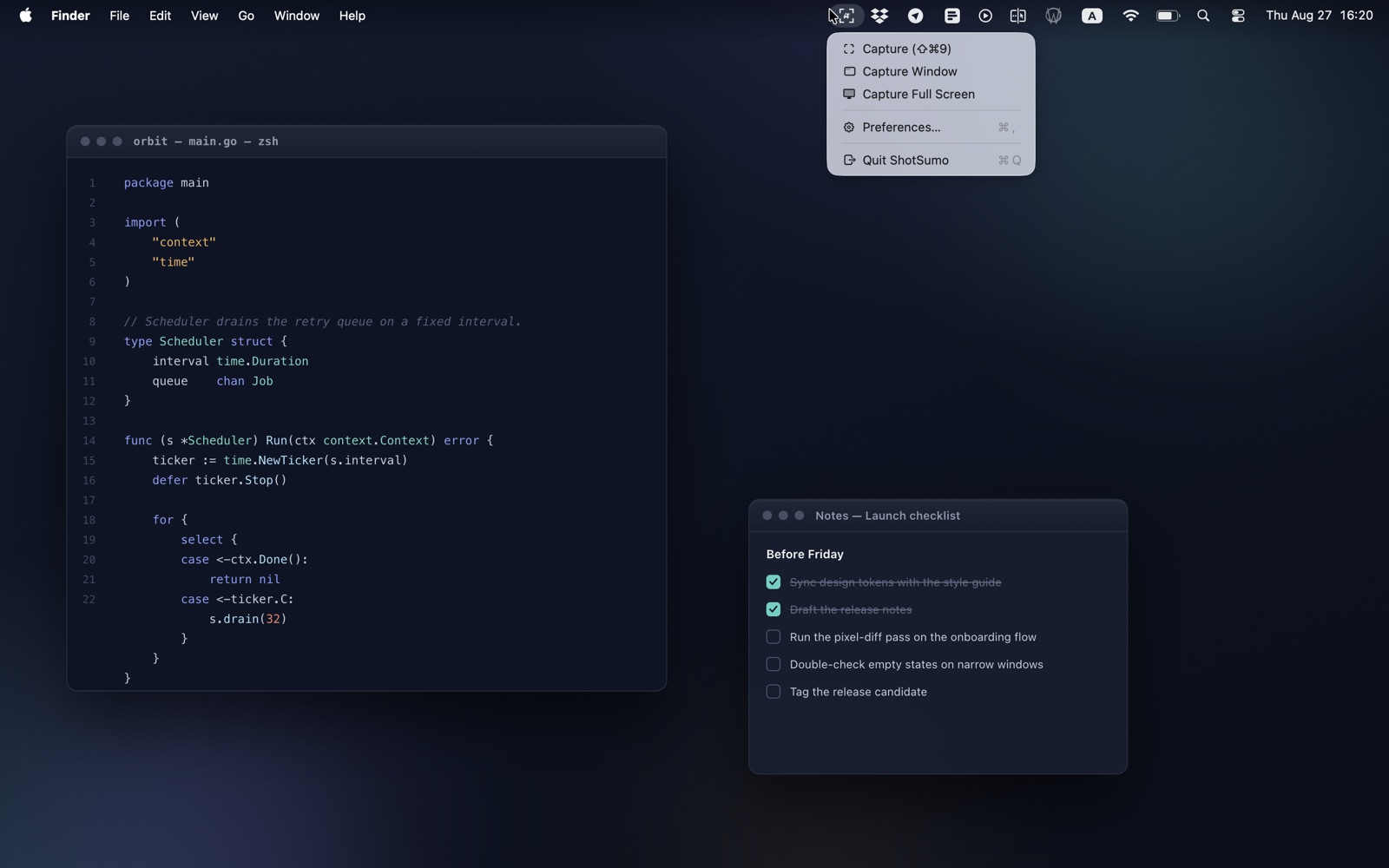 The ShotSumo menu open in the macOS menu bar, listing its capture commands