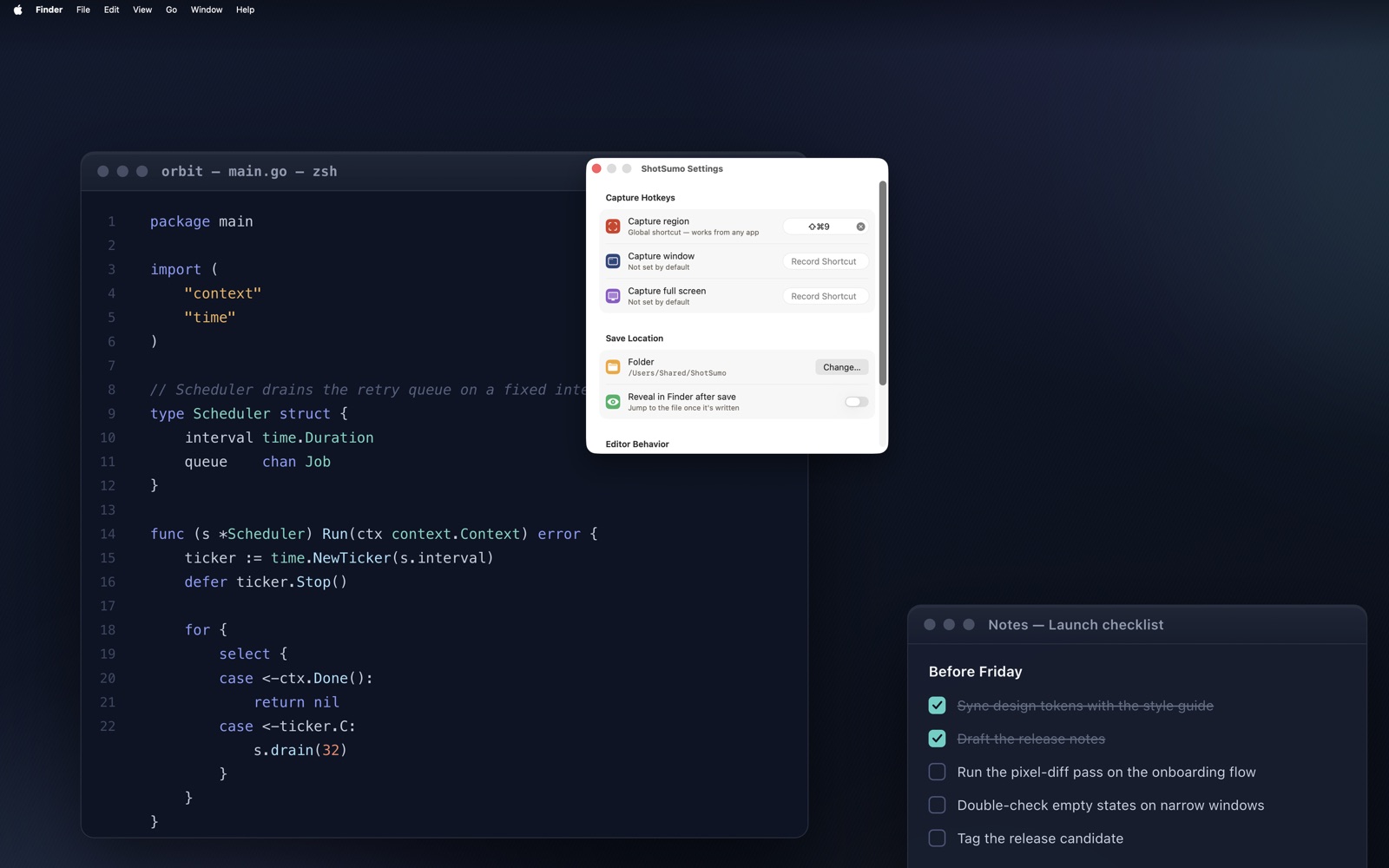 ShotSumo Preferences showing rebindable hotkeys and the chosen save folder